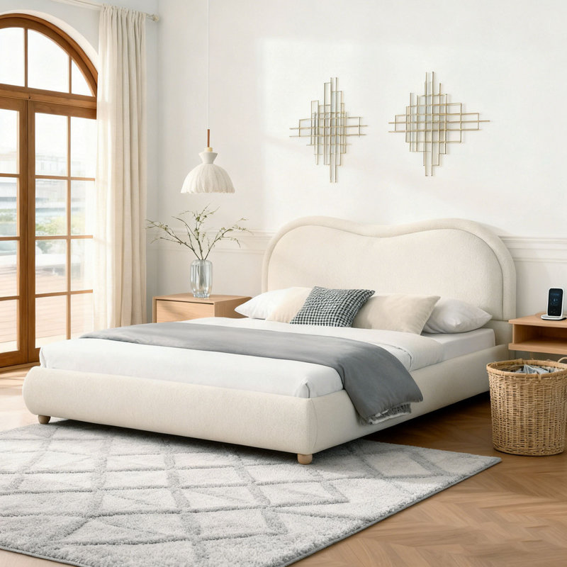 Lit plateforme tapissier grand avec tête de lit arrondie et lattes en bois, Grand