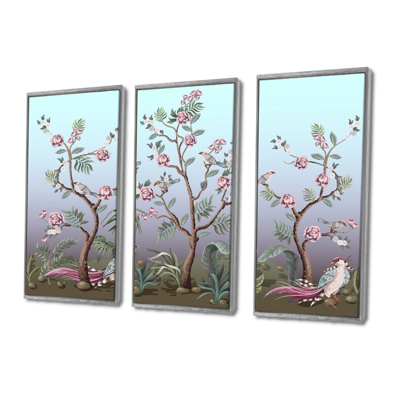 Chinoiserie avec oiseaux et pivoines II - ensemble d'art mural sur toile traditionnel encadré de 3, H 32 po x l 48 po, Argent