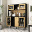 Buffet 59 po avec porte de rangement et prise de courant, armoire-bar de style campagnard avec porte-bouteilles, garde-manger noir et naturel