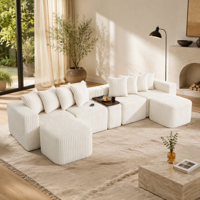 137.5" U Shaped  Sofa , USB & Wireless Charge, Coffee Table Board With a Cup Holder, Oversize Movable Sofa,Movable Footstool,6 Seats,Corduroy,Beige