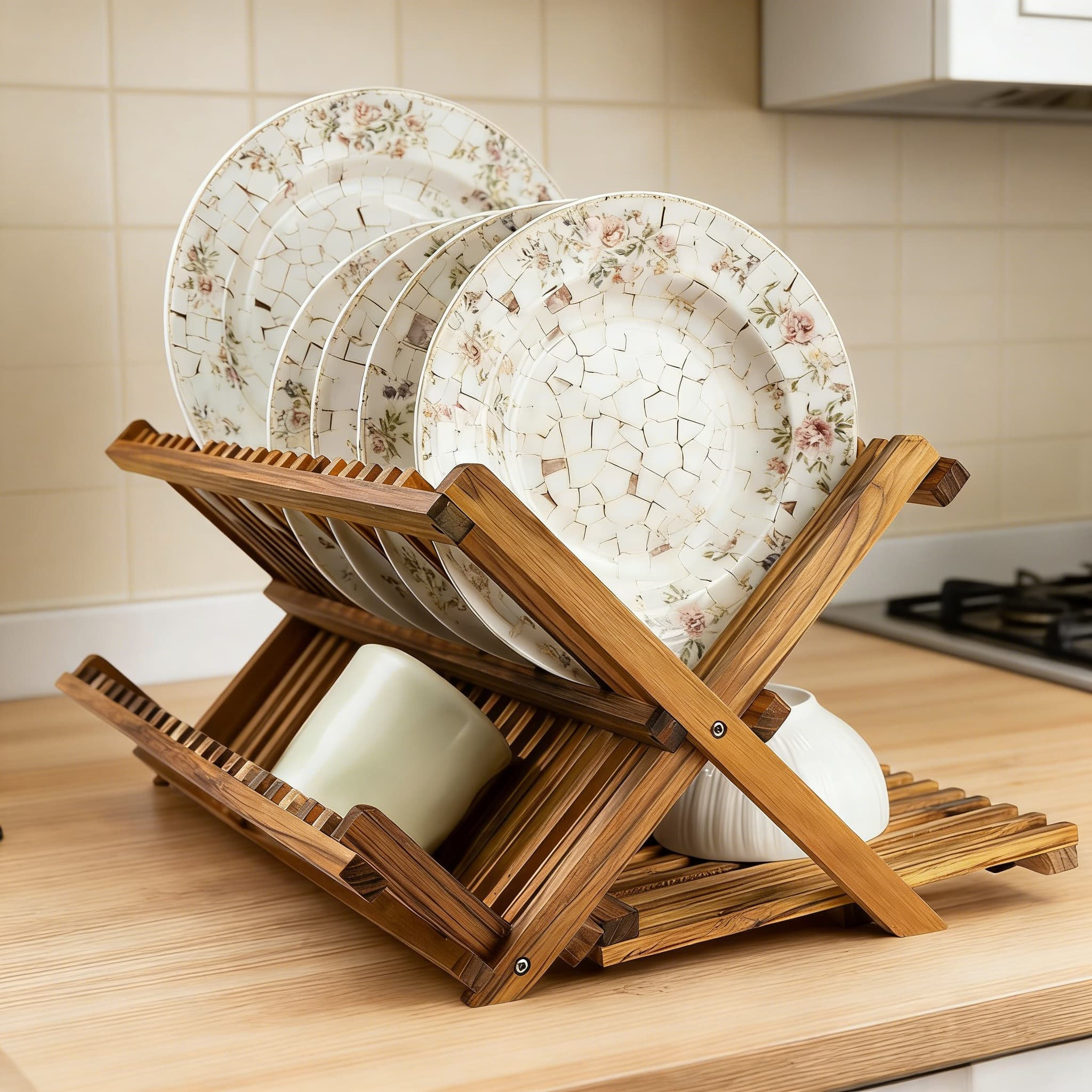 CQSXYF Large 3-Tier Collapsible Teak Dish Drying Rack, Wooden ...