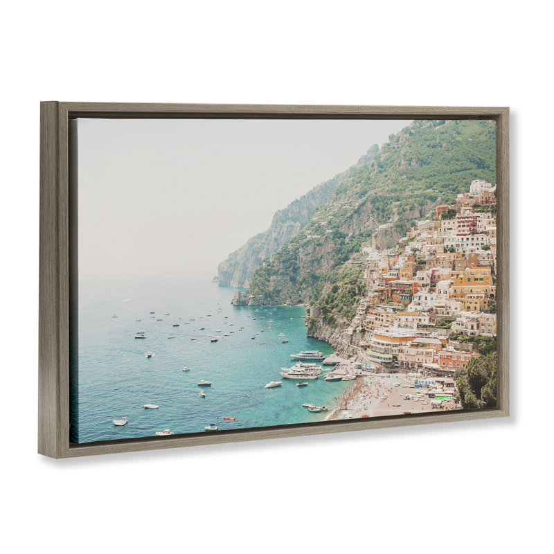 Toile flottante encadrée dorée Amalfi Coast Harbor par Sissi et Seb, Cadre flottant orme Montalcino, H 21 po x l 31 po