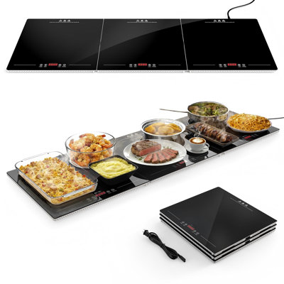 Chauffe-plats pour buffets et réceptions, plateau chauffant extra-long de 119 x 38 cm, tapis chauffant 3 en 1 avec contrôle indépendant de la température, 10 niveaux de chaleur, 450 W, minuterie 6 h, sécurité enfant et protection contre la surchauffe
