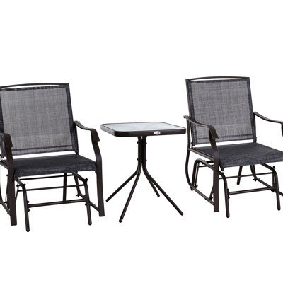 Outdoor Glider Chair With Coffee Table - Gray, 2 Rocking Chairs Breathable Sling For Porch Enjoyment 3 Piece & Table. Gray. Fabric, Robust Glass For Backyard, Garden And Porch. Steel