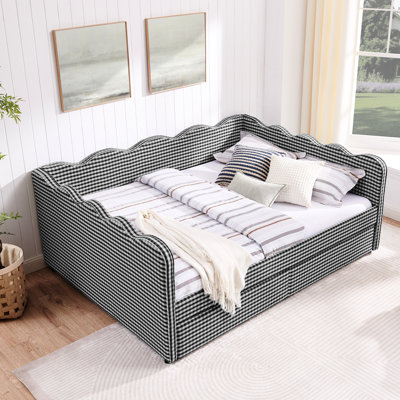 Grand lit de jour en forme de vague avec revêtement en lin, deux tiroirs de rangement, port - Multifonctionnel pour un port quotidien confortable, chambre à coucher