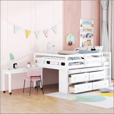 Loft Bed With Retractable Writing Desk And 4 Drawers,Platform Bed With Shelves