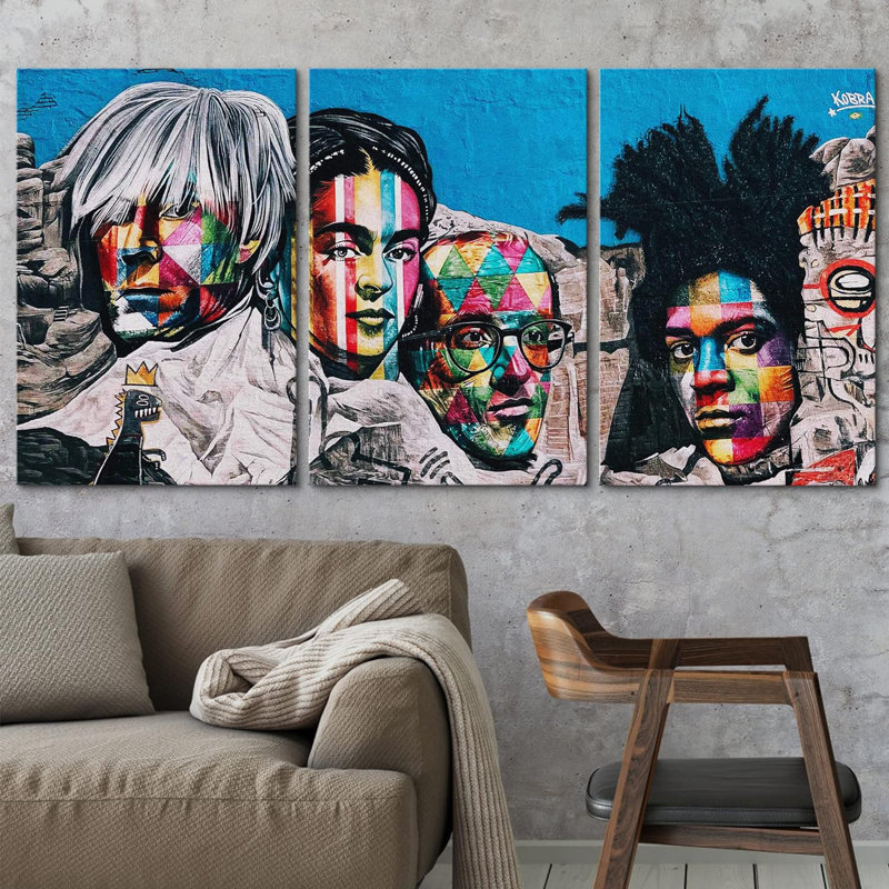 Warhol Basquiat Mt. Rushmore Graffiti et art urbain, art moderne coloré, portrait urbain, 3 pièces, Toile tendue