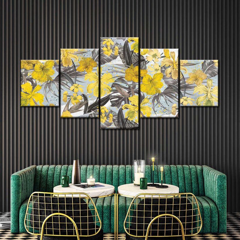 Motif de fleurs tropicales sur toile, reproduction de 5 pièces, H 36 po x l 80 po x P 1 po