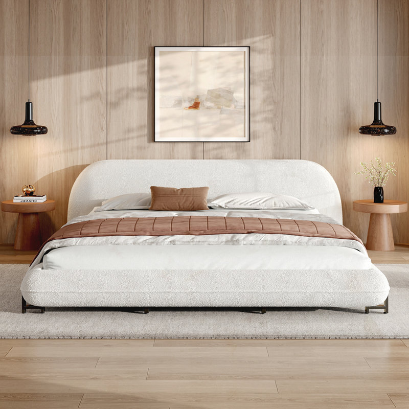 Lit plateforme tapissier avec tissu bouclé, Très grand