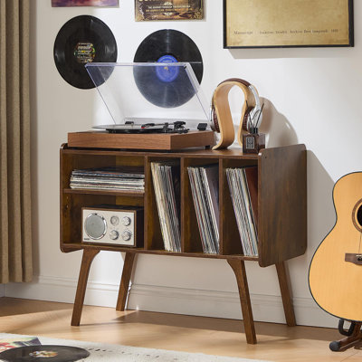 Record Player Stand with 4 Cabinet Holds Up to 220 Albums, Large Turntable Stand with Beech Wood Legs, Mid-Century Record Player Table, Vinyl Holder Storage for Bedroom Living Room (Retro Brown)