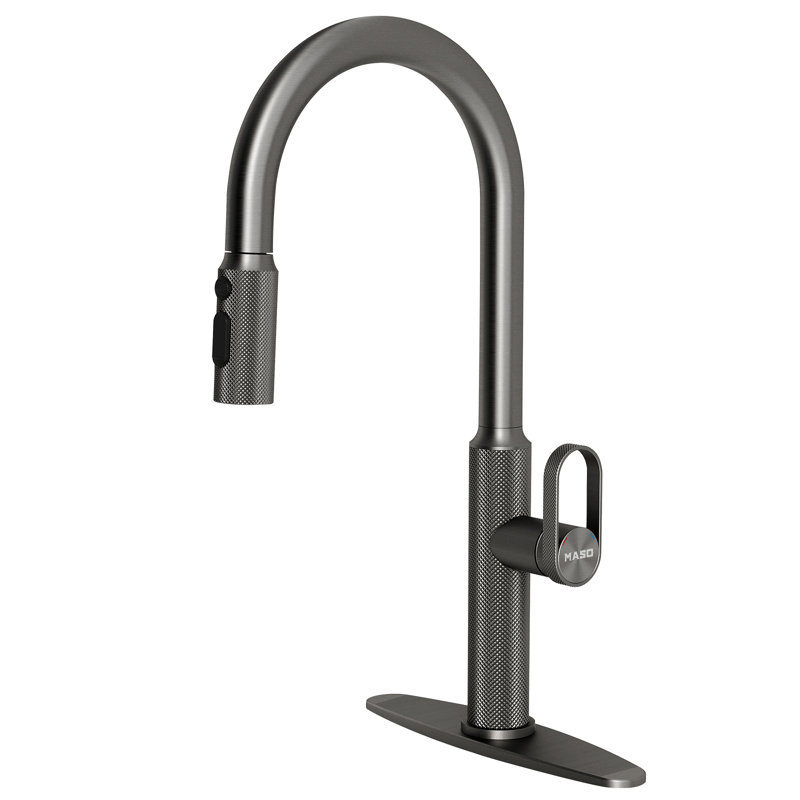 MASO Kitchen Faucet with Pull-Down Sprayer, 3 Spray Modes, Single Handle High Arc Sink Faucet for Kitchen, RV, Laundry and Bar, 304 Stainless Steel,Brushed Gray