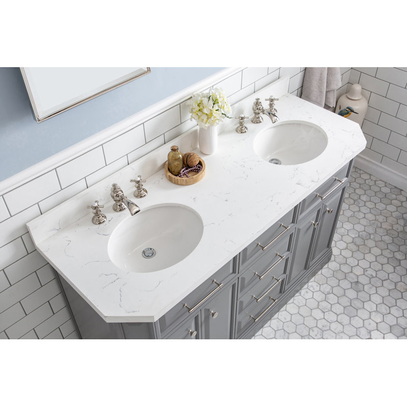 60" Palace Collection Quartz Carrara Cashmere Grey Bathroom Vanity Set With Hardware And F2-0013 Faucets in Chrome Finish