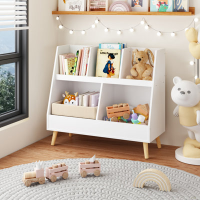 Kids Bookshelf And Toy Organizer, 5 Cubbies Wooden Open Bookcase, 2-Tier Baby Storage Display Organizer With Legs, Free Standing For Playing Room, Bed by Wrought Studio