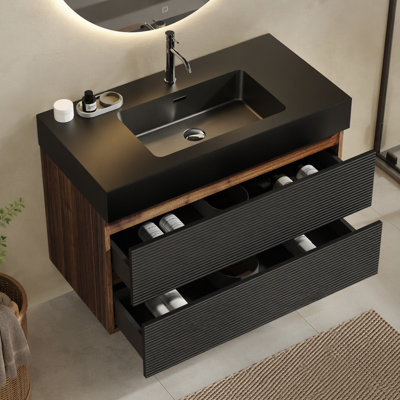 Meuble-lavabo suspendu Grace 36 po en noyer avec lavabo en surface solide noir mat et tiroirs noirs doux, pour salle de bain moderne, sans bonde ni robinet, à monter soi-même