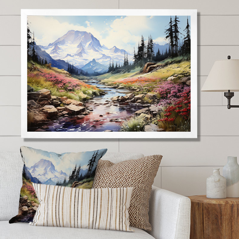 " Mountains Mountains In Bloom ", Cadre simple blanc, H 24 po x l 32 po x P 1 po