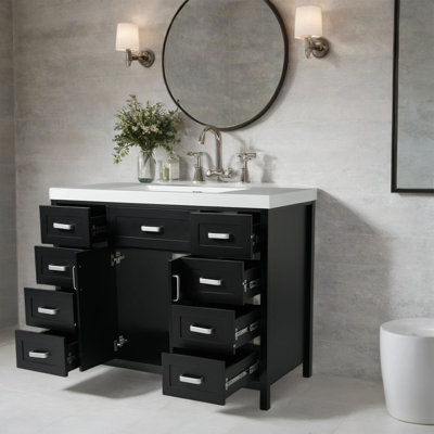 Meuble-lavabo 48 po avec lavabo, 2 portes et 8 tiroirs, système de fermeture en douceur, design classique, noir
