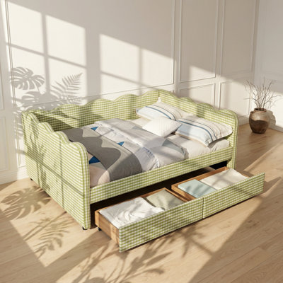 Lit de jour rembourré en lin et bois massif l 58 po x P 81 po x H 33,5 po Cozy Gingham