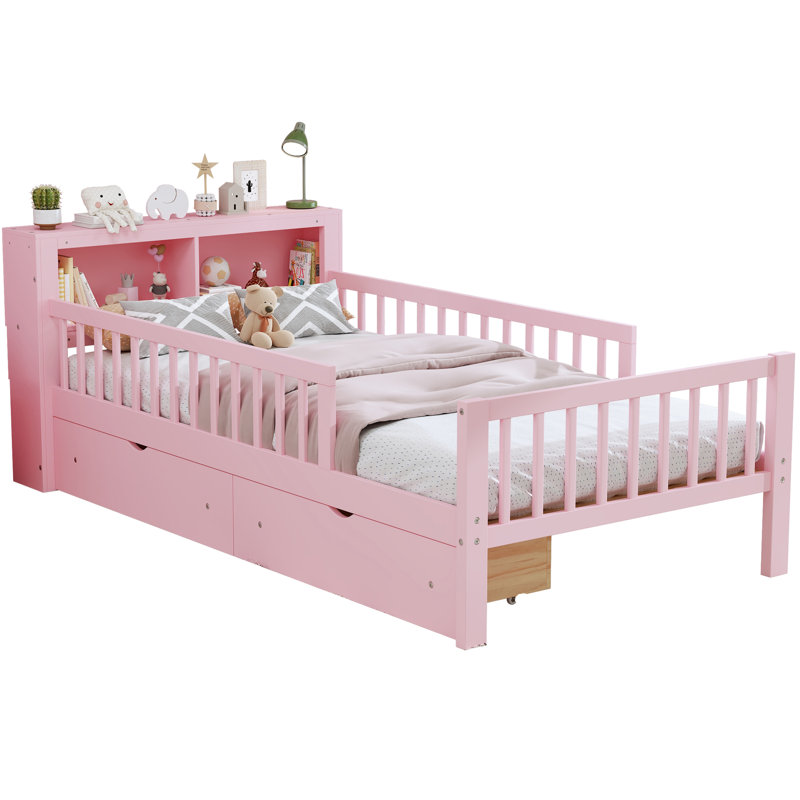 Lit simple rose avec base et tiroirs de rangement avec garde-corps sécurisés sous les tiroirs, Pink
