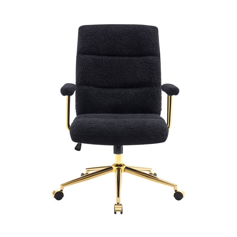 Textured Boucle Fabric Black And Gold Office Chair, Modern Height Adjustable Desk Chair With Padded Arms, Black