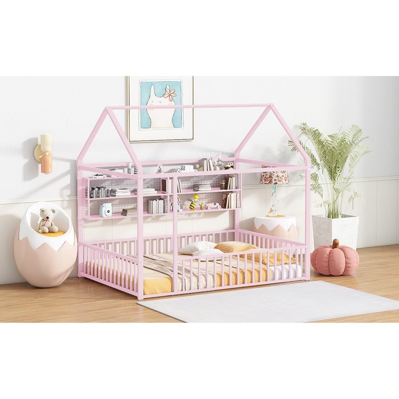 Structure de lit en métal rose avec clôture et tablettes - pleine grandeur pour une chambre à coucher stable et durable, Rose