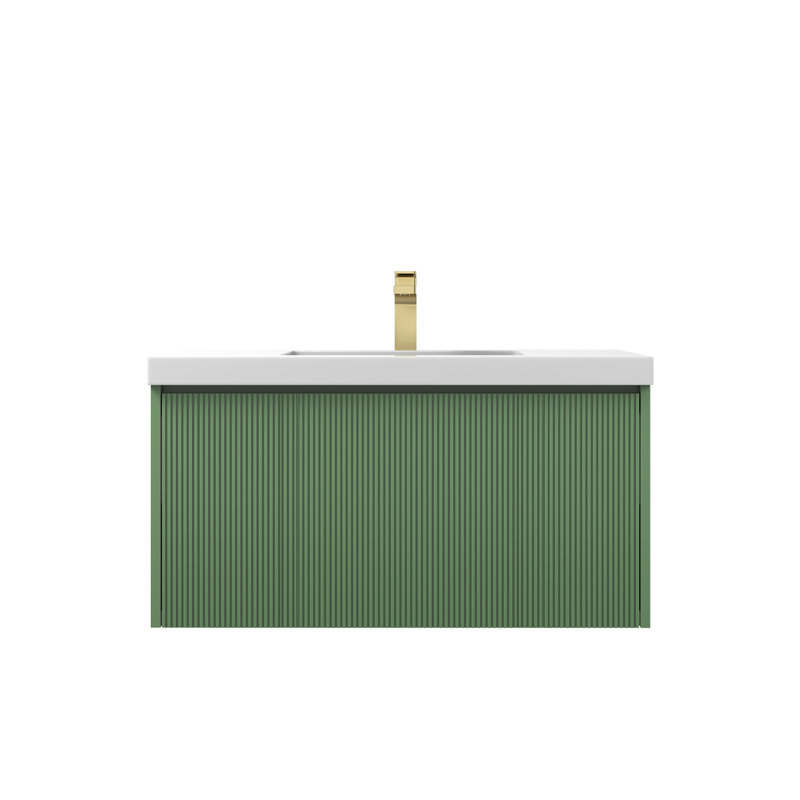 Lovold 36" Floating Bathroom Vanity with Acrylic Sink – Wall-Mounted Wood Cabinet with Fluted Front, Soft-Close Drawers & Modern Design