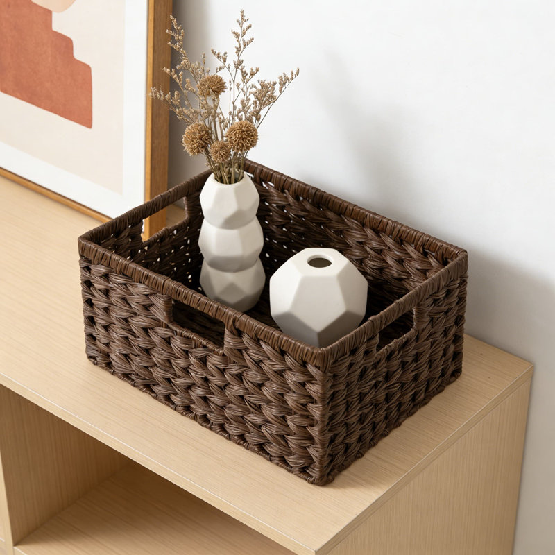 Wicker Storage Baskets With Handles, Waterproof Woven Organizer Bins For Shelves, Durable Plastic Rattan Design For Pantry, Bathroom, And Home Decor
