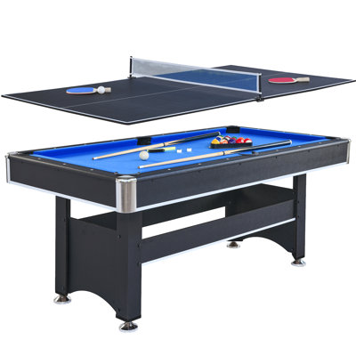 6ft Pool With Table Tennis Top, Black Finish With Blue Felt Playing 2 In 1 Game Table