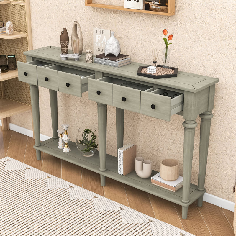 Console rustique vintage avec tiroirs et tablette ouverte, Gris délavé