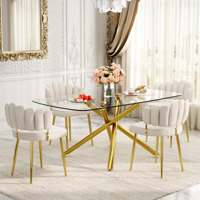 Modern 71-Inch Rectangular Glass Dining Table Set With Velvet Petal-Back Chairs, Stainless Steel & Metal Frame Kitchen And Dining Room Furniture Set F
