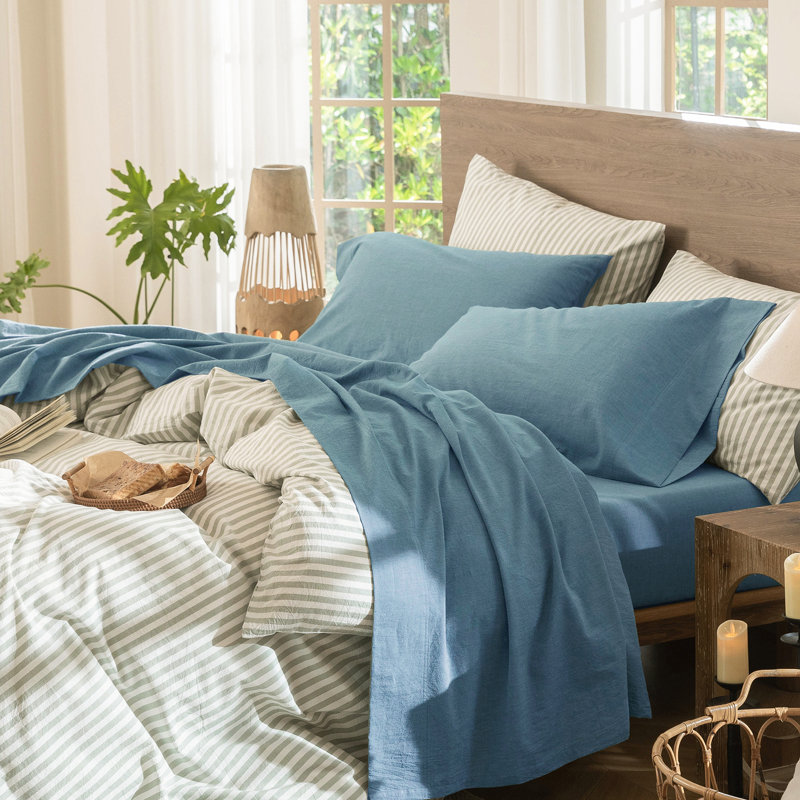 Ensemble de draps MooMee, Ensemble de draps pour grand lit avec 2 taies d'or, Bleu paon