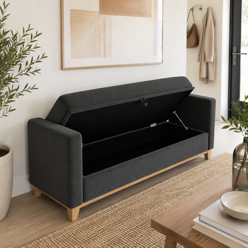 Banc rembourré en bois massif, 66 po + rangement, Noir + neutre 11