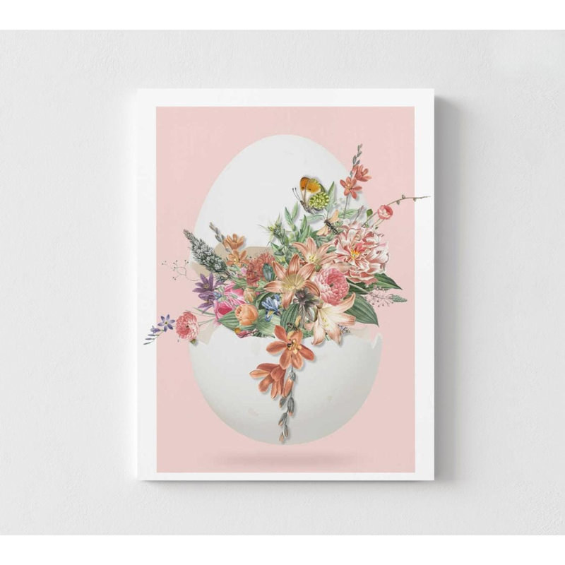 Art mural floral de Pâques - Œuf rose surréel avec fleurs, H 32 po x l 24 po, Impression sans cadre, Ne s’applique pas
