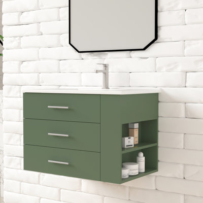 Ensemble de meuble-lavabo mural simple 24 po Aurilla avec comptoir en céramique blanc vert forêt et tablette droite Aurilla