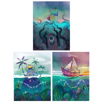 Kids Bedroom Sailor Sea Pirate Treasure Fun Adventure Nautical - 3 Piece No Frame Print Set