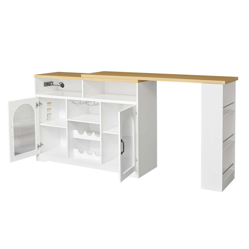 Buffet avec plateau de table extensible et support à vin, éclairage DEL couleur et prise de courant à gauche, Naturel / Blanc