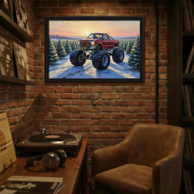 Christmas Red Truck Snow Forest Sunset Christmas Decor