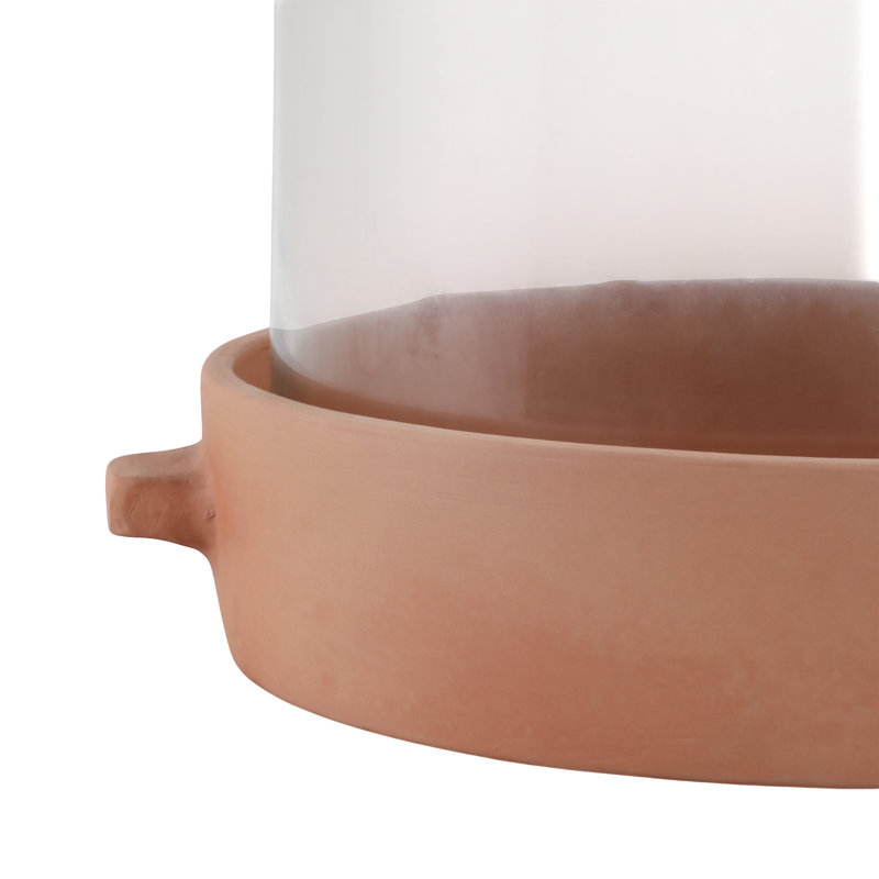 Pottery and Glass Pillar Candle Holder with Terracotta Base Stylish and Decorative Holder with a Modern Rustic Look, Brown