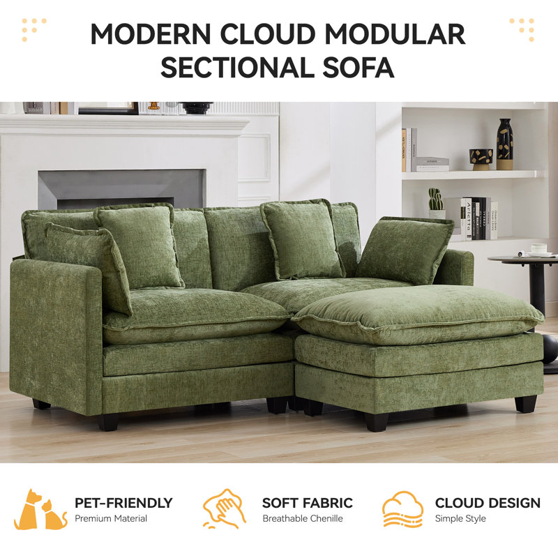 Chenille Upholstered Sectional Sofa Couch with Ottoman, 3, Green