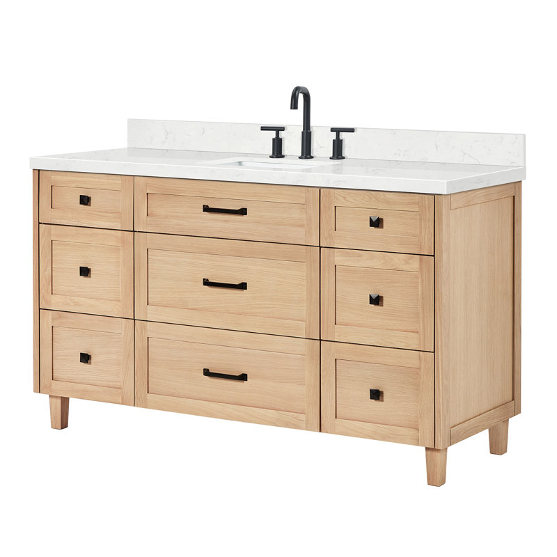 ARIEL Monroe 48 Single Sink Bathroom Vanity with Carrara Quartz Top, Oak, 60" - 61", Carrara White Quartz