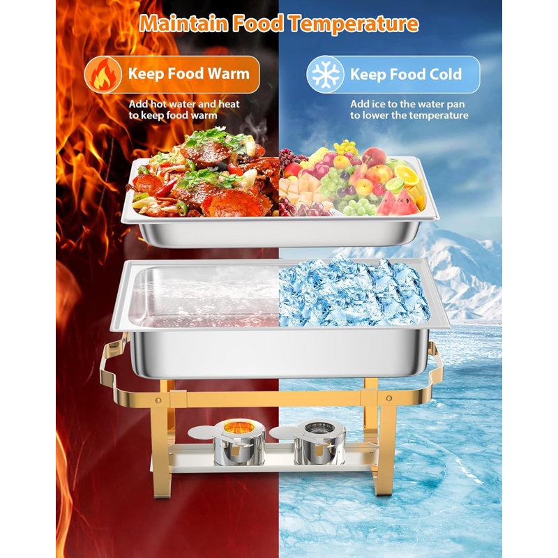 Ensemble de 2 réchauds à frire, acier inoxydable 8 pte [sans doigts coupés], chauffe-plats pour fêtes avec cadre pliable, doré