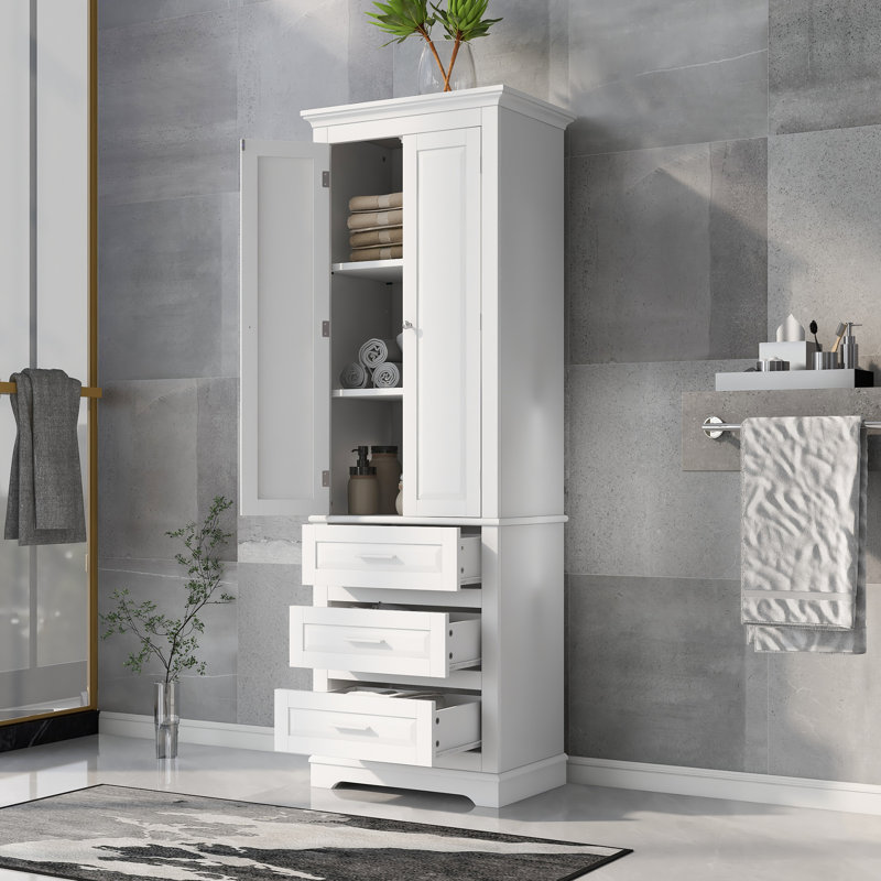Tall Storage Cabinet with 3 Drawers, Freestanding Bathroom Linen Tower with Adjustable Shelf, Waterproof MDF Pantry & Utility Organizer for Kitchen, Office, and Living Room
