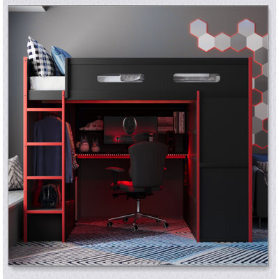 Wood Loft Bed With Desk,Wardrobe,Ample Storage Space,And RGB Light