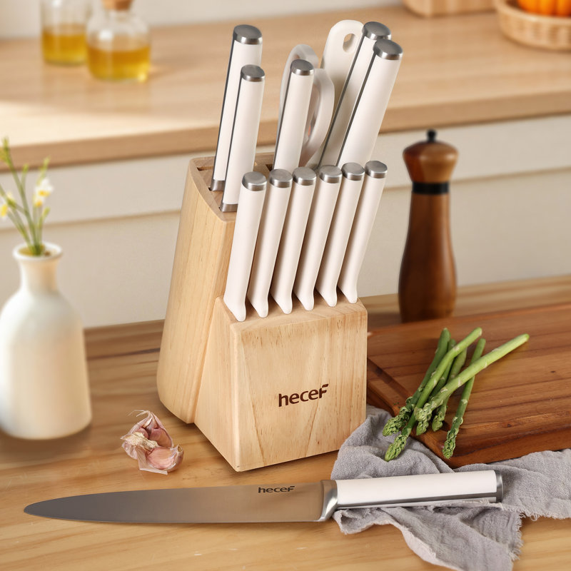 Ensemble de couteaux avec bloc Hecef 15 pièces, lauréat du prix Red Dot Design, sécurité en pointe ronde, acier inoxydable à haute teneur en carbone forgé, va au lave-vaisselle, poignées ergonomiques