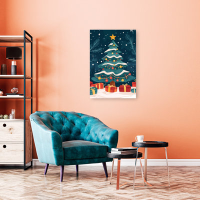 Arbre de Noël enneigé, cadeaux, arbre de Noël contemporain abstrait, forêt, impression d'art mural