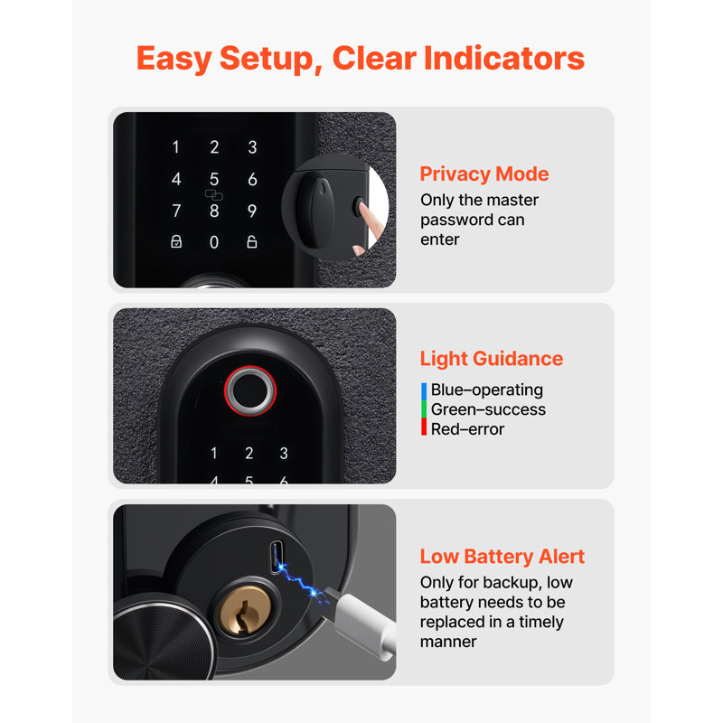 Ensemble de serrure de porte à empreinte digitale, verrou de porte biométrique électronique sans clé avec poignée, écran tactile, verrouillage automatique, code à usage unique, mot de passe anti-espionnage, cartes à puce, noir mat, conçu pour la maison
