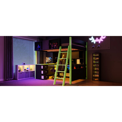 Full Size Wood Loft Bed With Gaming - Themed Experience, Adjustable Guardrail Door For Easy Access, Wall Shelf Displaying Collectibles, Desk 7 Color Lighting, Three Drawers Tidying Up Size, Bed,