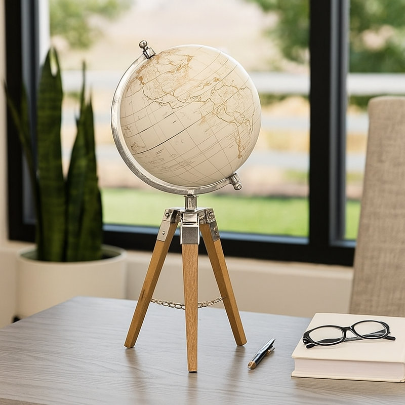 Decorative Globe on Wooden Tripod Sculpture for Home Decor - Modern Object Decorations for Living Room or Office Spaces - 19", Brown