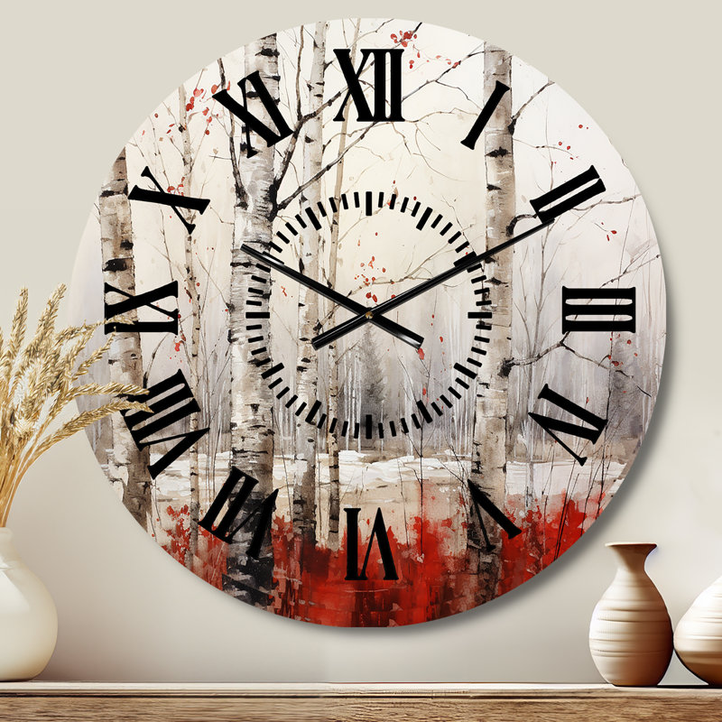Horloge murale en bois de bouleau blanc et rouge en hiver II, Médium