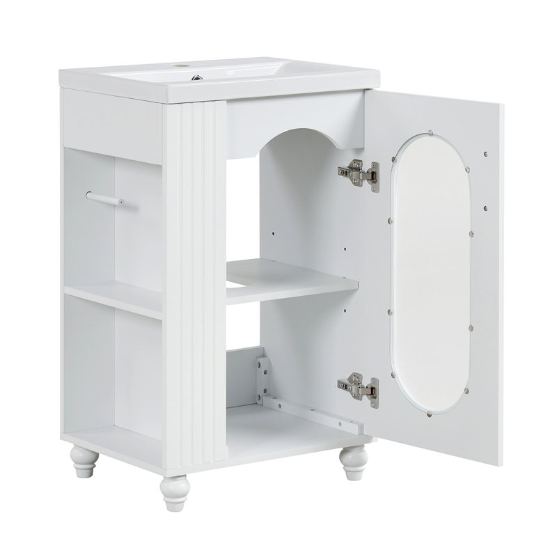 Meuble-lavabo de 20 po avec lavabo, meuble-lavabo avec tablette à deux niveaux, tablette réglable, bois massif et panneau de fibres à densité moyenne