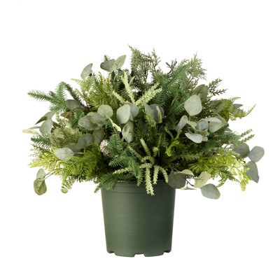 Urnes de jardin, pommes de pin et lumières DEL à piles avec buisson d'eucalyptus dans un vase